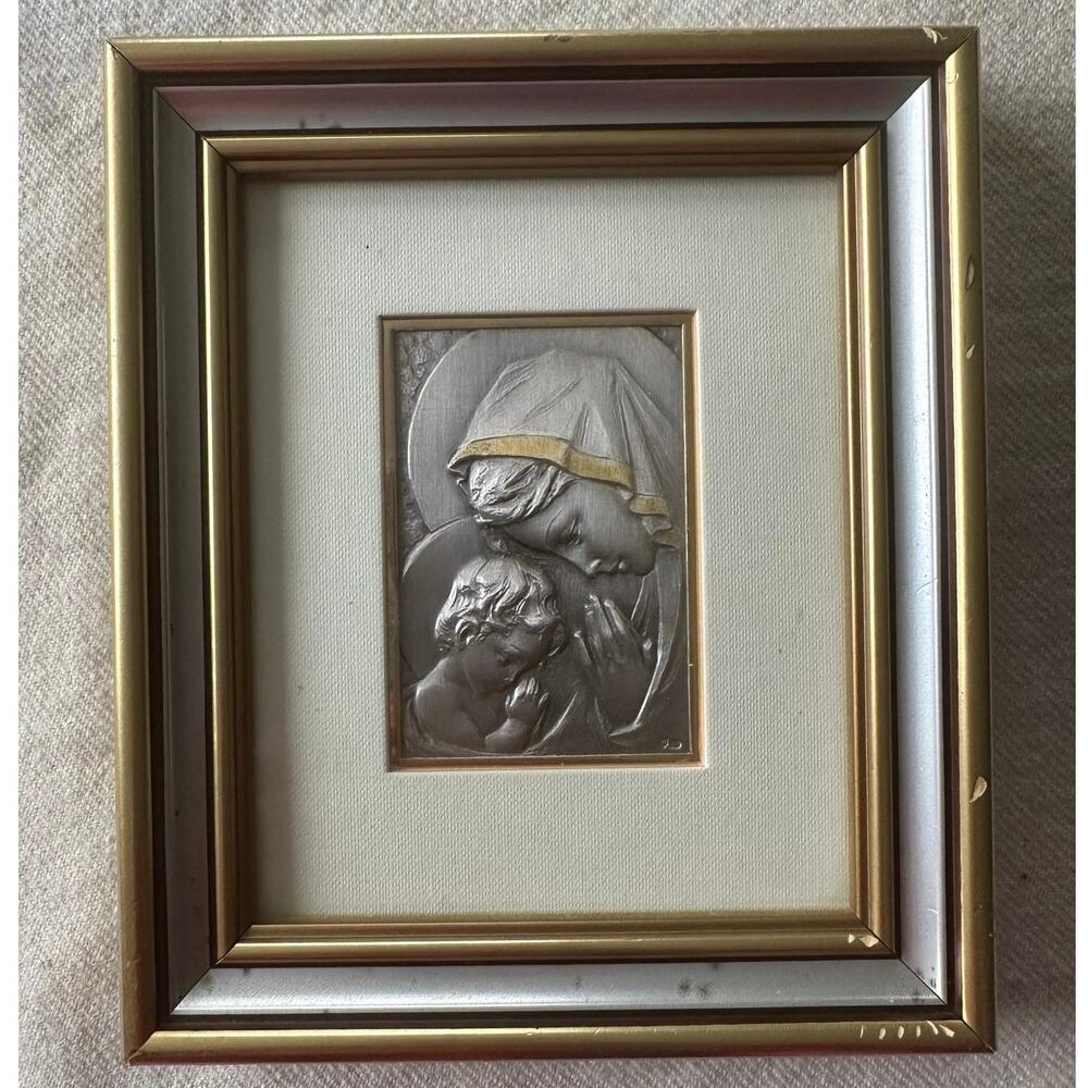 Madonna & Child Icon .925 Sterling Silver Art wall picture Gold Frame 7” Warsaw